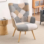 Fauteuil d'appoint dossier haut gris / patchwork – Micro tissu d'ameublement façon lin, pieds en bois d'hévéa, siège individuel