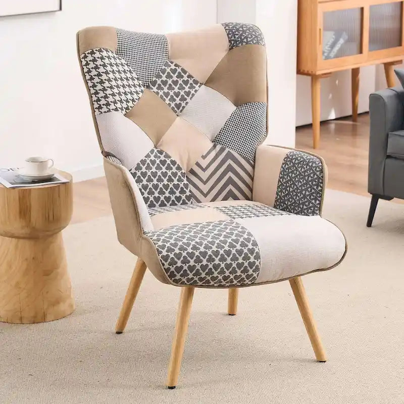 Fauteuil d'appoint dossier haut gris / patchwork – Micro tissu d'ameublement façon lin, pieds en bois d'hévéa, siège individuel
