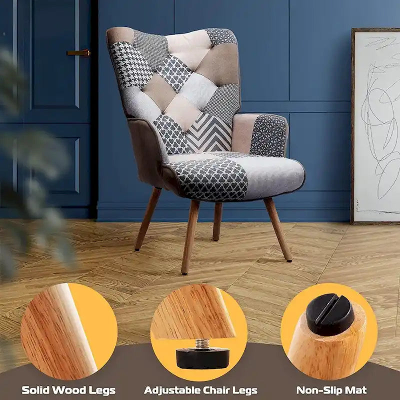 Fauteuil d'appoint dossier haut gris / patchwork – Micro tissu d'ameublement façon lin, pieds en bois d'hévéa, siège individuel