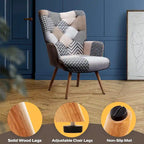 Fauteuil d'appoint dossier haut gris / patchwork – Micro tissu d'ameublement façon lin, pieds en bois d'hévéa, siège individuel