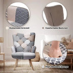 Fauteuil d'appoint dossier haut gris / patchwork – Micro tissu d'ameublement façon lin, pieds en bois d'hévéa, siège individuel