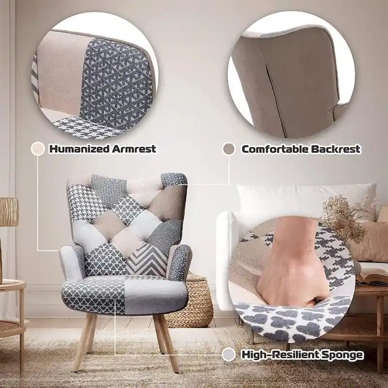 Fauteuil d'appoint dossier haut gris / patchwork – Micro tissu d'ameublement façon lin, pieds en bois d'hévéa, siège individuel