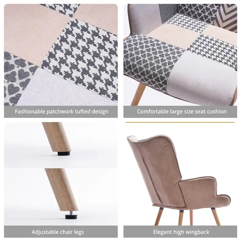 Fauteuil d'appoint dossier haut gris / patchwork – Micro tissu d'ameublement façon lin, pieds en bois d'hévéa, siège individuel