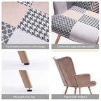 Fauteuil d'appoint dossier haut gris / patchwork – Micro tissu d'ameublement façon lin, pieds en bois d'hévéa, siège individuel