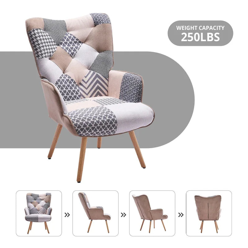Fauteuil d'appoint dossier haut gris / patchwork – Micro tissu d'ameublement façon lin, pieds en bois d'hévéa, siège individuel