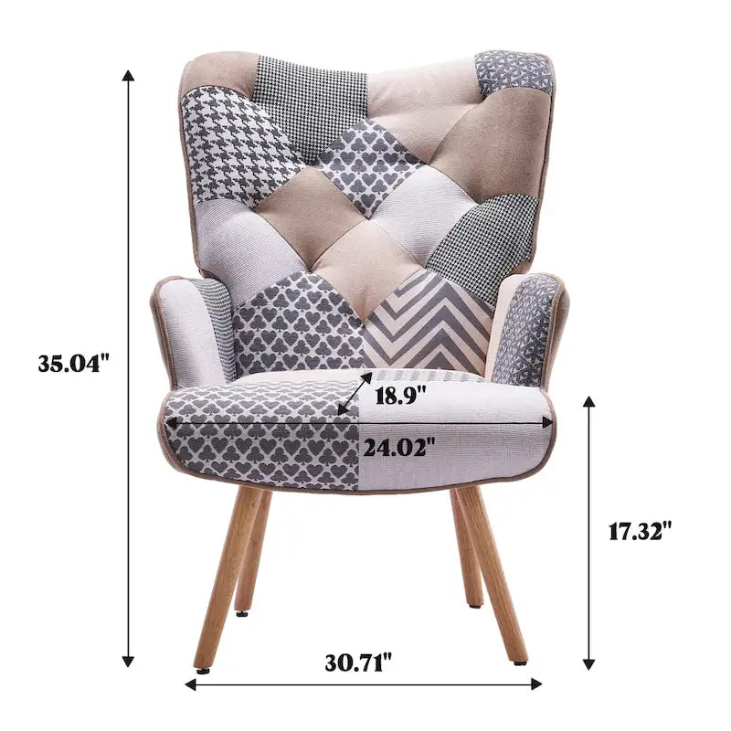 Fauteuil d'appoint dossier haut gris / patchwork – Micro tissu d'ameublement façon lin, pieds en bois d'hévéa, siège individuel