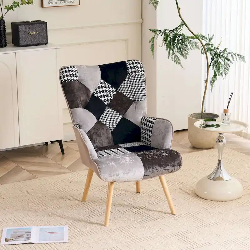 Fauteuil d'appoint dossier haut gris / patchwork – Micro tissu d'ameublement façon lin, pieds en bois d'hévéa, siège individuel
