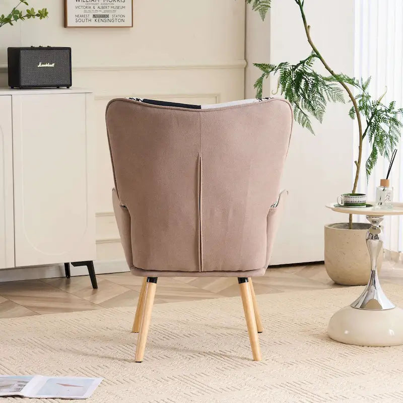 Fauteuil d'appoint dossier haut gris / patchwork – Micro tissu d'ameublement façon lin, pieds en bois d'hévéa, siège individuel
