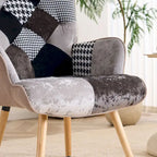 Fauteuil d'appoint dossier haut gris / patchwork – Micro tissu d'ameublement façon lin, pieds en bois d'hévéa, siège individuel