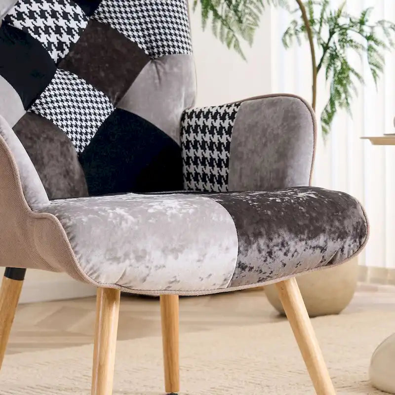 Fauteuil d'appoint dossier haut gris / patchwork – Micro tissu d'ameublement façon lin, pieds en bois d'hévéa, siège individuel