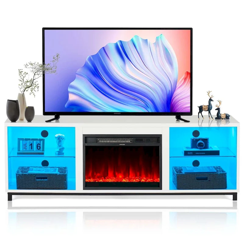 Meuble TV 2-en-1 Noir/Blanc avec Cheminée Électrique, Convient aux TV jusqu'à 78", pour 1 à 2 Personnes