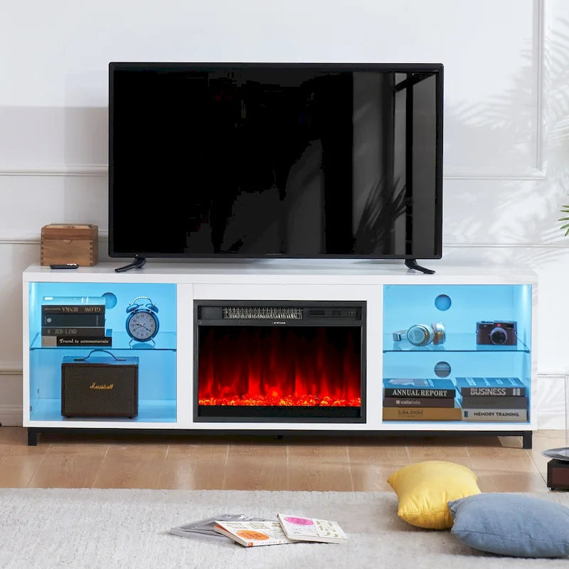 Meuble TV 2-en-1 Noir/Blanc avec Cheminée Électrique, Convient aux TV jusqu'à 78", pour 1 à 2 Personnes