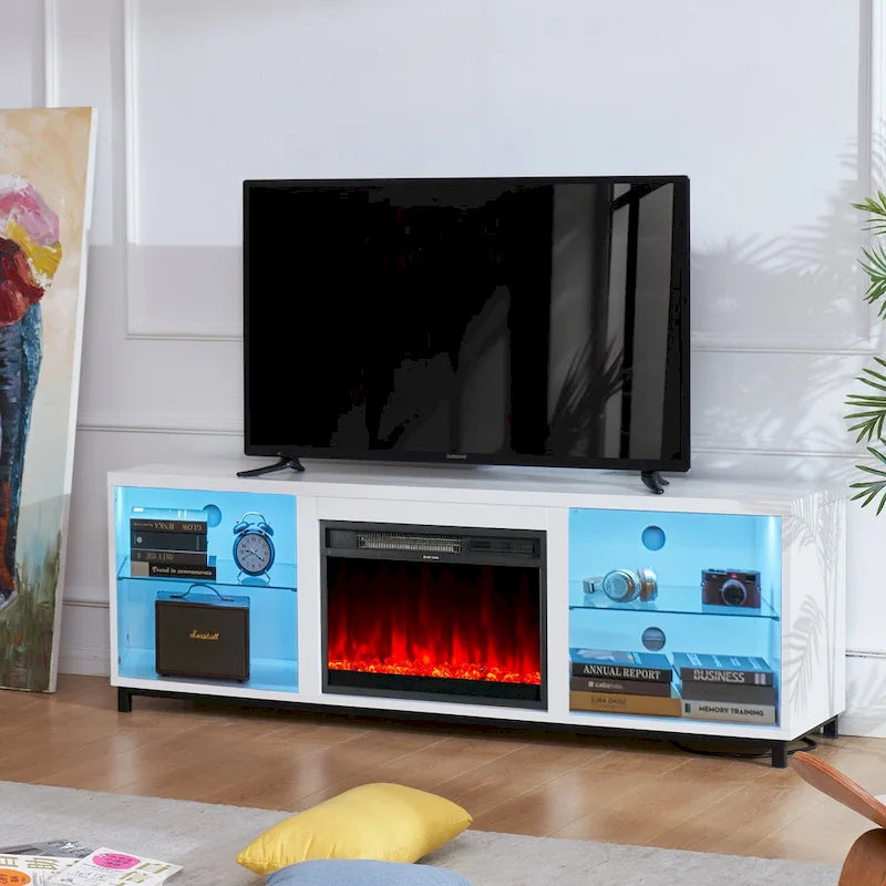 Meuble TV 2-en-1 Noir/Blanc avec Cheminée Électrique, Convient aux TV jusqu'à 78", pour 1 à 2 Personnes