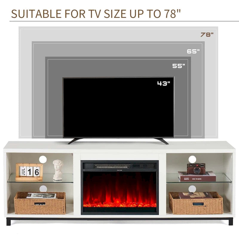 Meuble TV 2-en-1 Noir/Blanc avec Cheminée Électrique, Convient aux TV jusqu'à 78", pour 1 à 2 Personnes