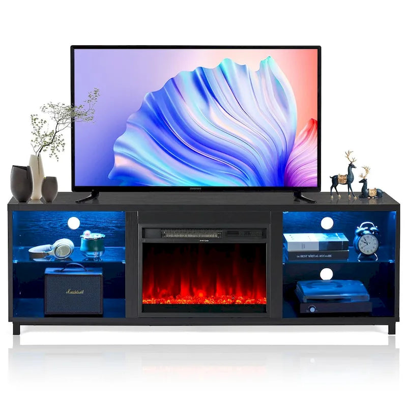 Meuble TV 2-en-1 Noir/Blanc avec Cheminée Électrique, Convient aux TV jusqu'à 78", pour 1 à 2 Personnes