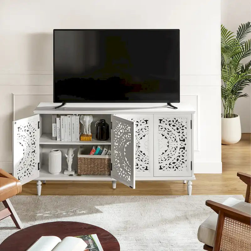 Buffet sculpté traditionnel blanc/bleu avec éclairage intégré, Meuble TV jusqu'à 65"