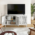 Buffet sculpté traditionnel blanc/bleu avec éclairage intégré, Meuble TV jusqu'à 65"