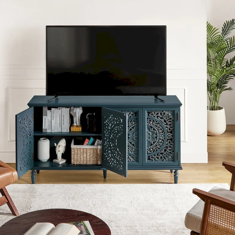 Buffet sculpté traditionnel blanc/bleu avec éclairage intégré, Meuble TV jusqu'à 65"