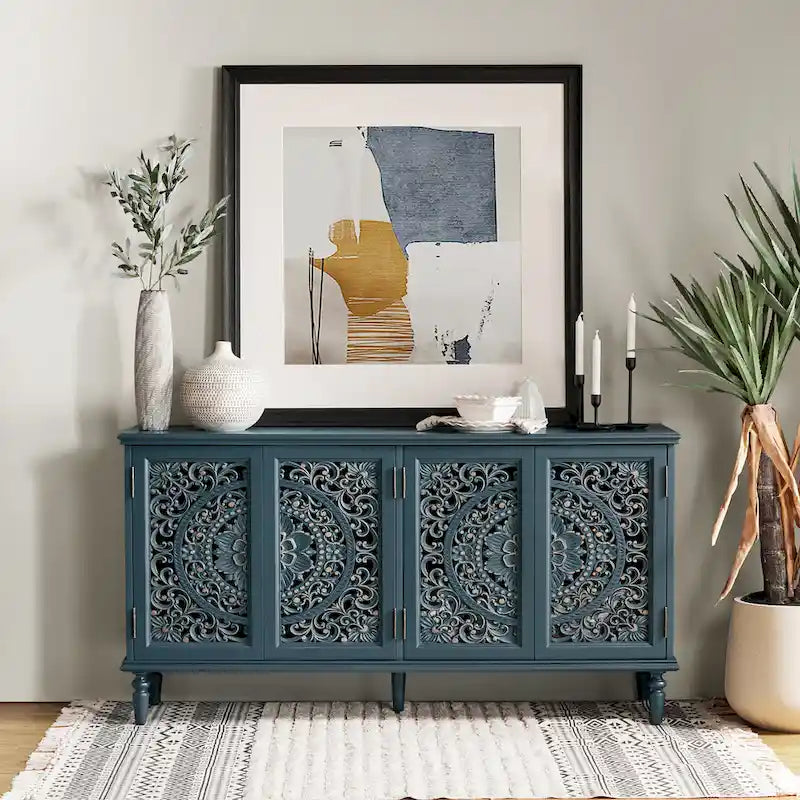 Buffet sculpté traditionnel blanc/bleu avec éclairage intégré, Meuble TV jusqu'à 65"