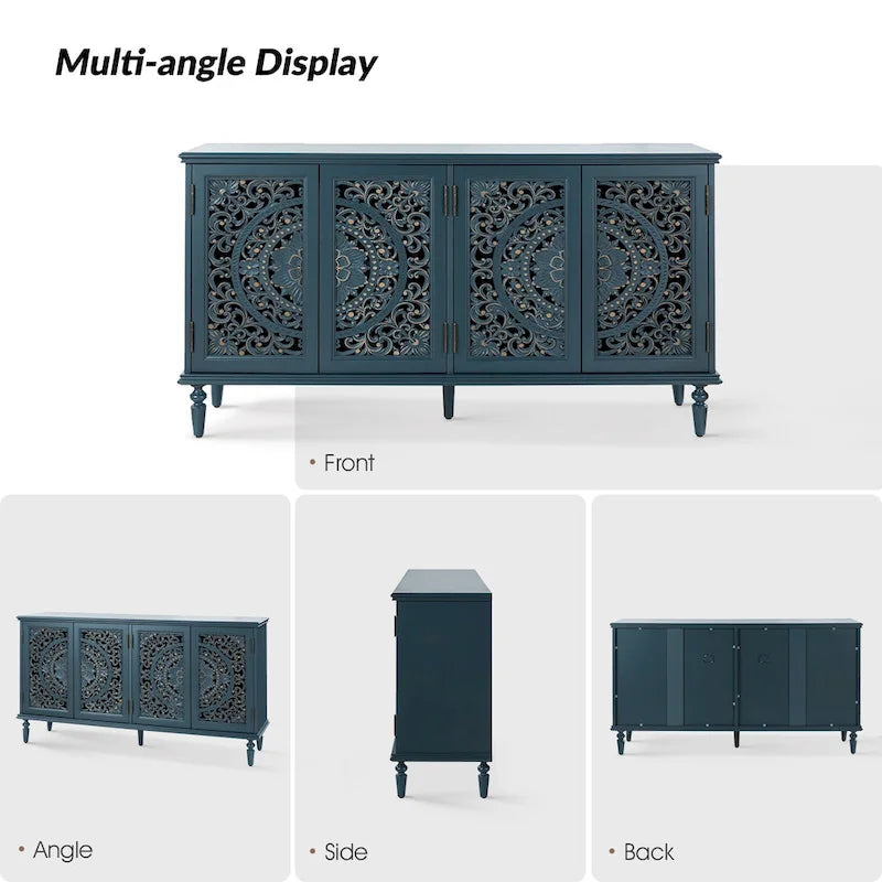 Buffet sculpté traditionnel blanc/bleu avec éclairage intégré, Meuble TV jusqu'à 65"