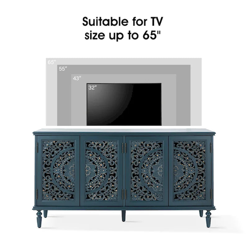 Buffet sculpté traditionnel blanc/bleu avec éclairage intégré, Meuble TV jusqu'à 65"