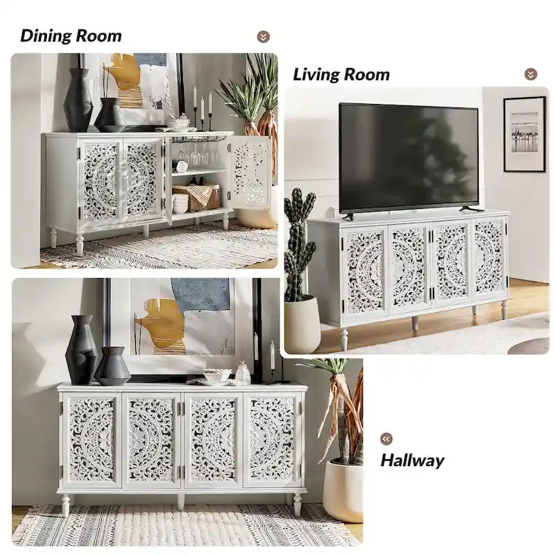 Buffet sculpté traditionnel blanc/bleu avec éclairage intégré, Meuble TV jusqu'à 65"