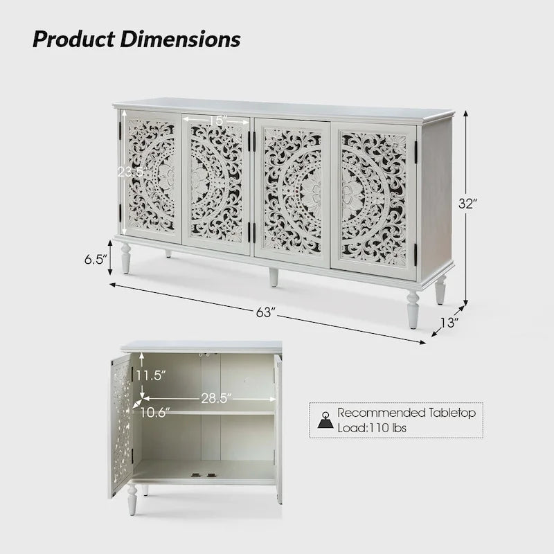 Buffet sculpté traditionnel blanc/bleu avec éclairage intégré, Meuble TV jusqu'à 65"
