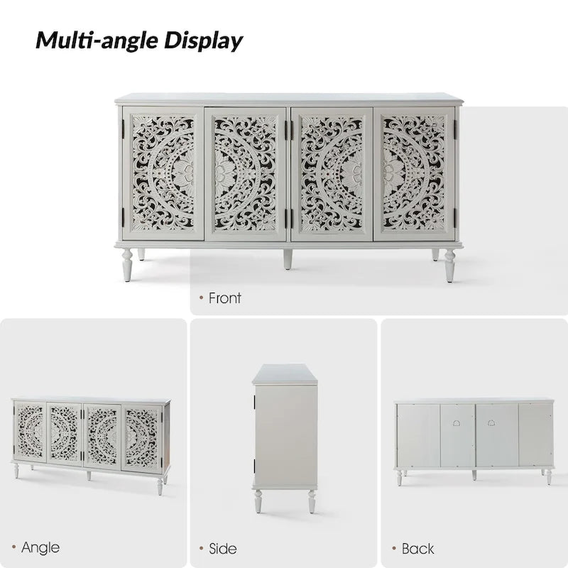 Buffet sculpté traditionnel blanc/bleu avec éclairage intégré, Meuble TV jusqu'à 65"