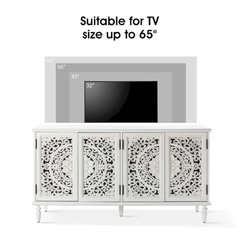 Buffet sculpté traditionnel blanc/bleu avec éclairage intégré, Meuble TV jusqu'à 65"