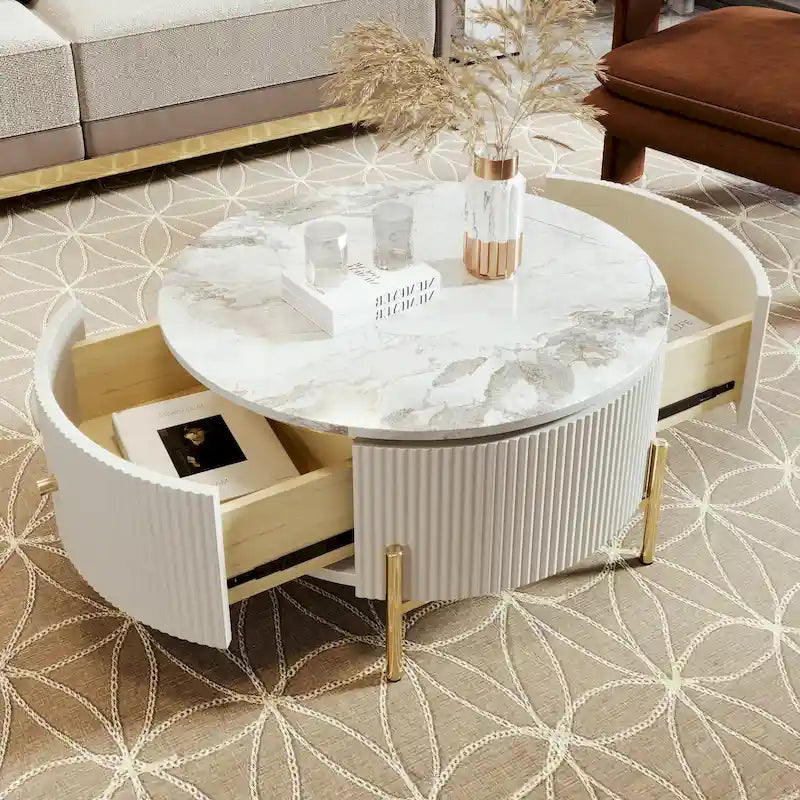 Table basse ronde style moderne avec 2 tiroirs, blanc cassé/noir