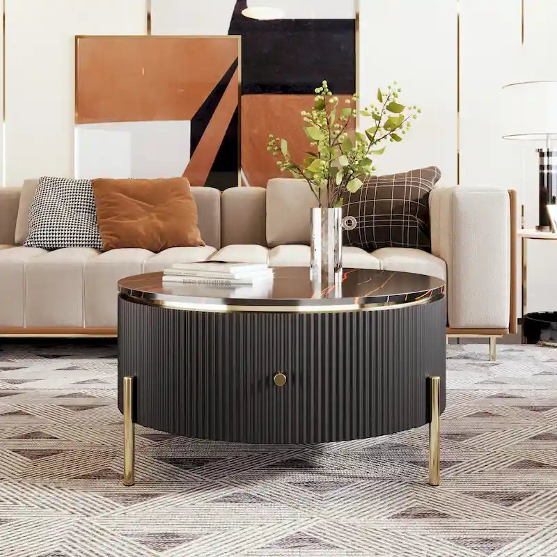 Table basse ronde style moderne avec 2 tiroirs, blanc cassé/noir