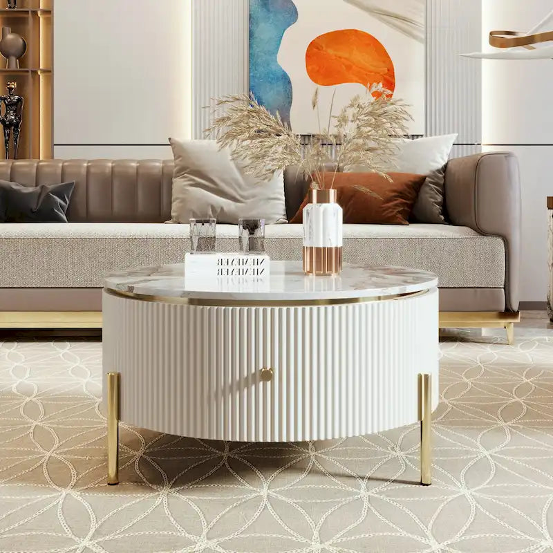 Table basse ronde style moderne avec 2 tiroirs, blanc cassé/noir