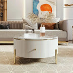 Table basse ronde style moderne avec 2 tiroirs, blanc cassé/noir