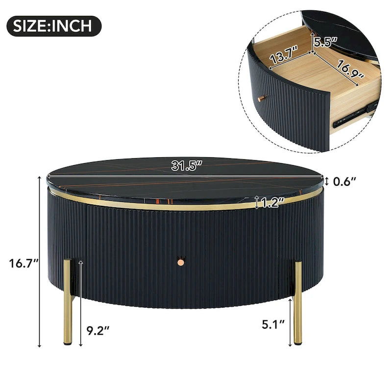 Table basse ronde style moderne avec 2 tiroirs, blanc cassé/noir