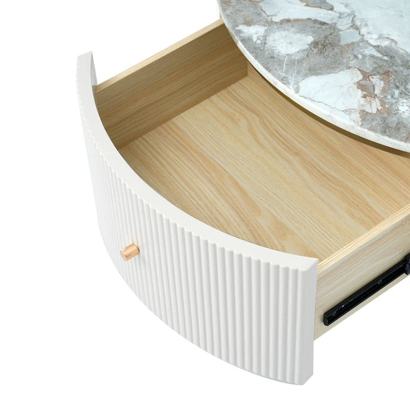 Table basse ronde style moderne avec 2 tiroirs, blanc cassé/noir