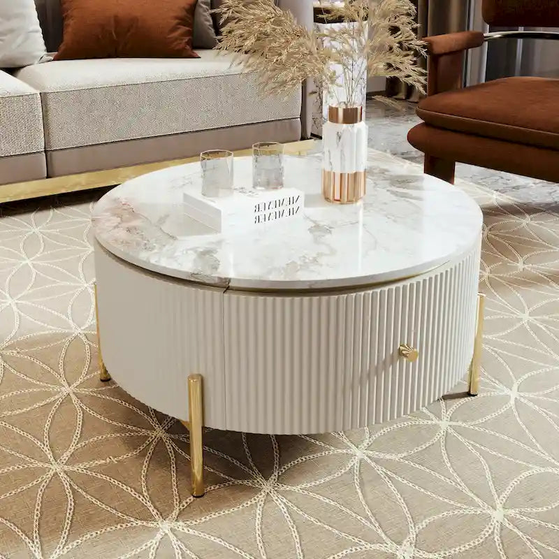 Table basse ronde style moderne avec 2 tiroirs, blanc cassé/noir