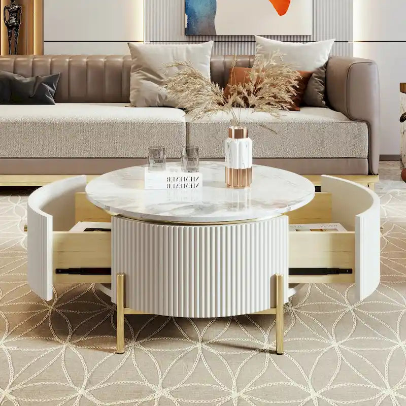 Table basse ronde style moderne avec 2 tiroirs, blanc cassé/noir
