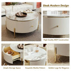 Table basse ronde style moderne avec 2 tiroirs, blanc cassé/noir