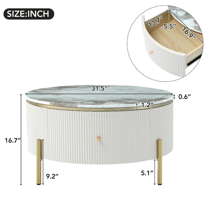 Table basse ronde style moderne avec 2 tiroirs, blanc cassé/noir