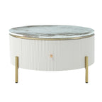 Table basse ronde style moderne avec 2 tiroirs, blanc cassé/noir