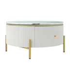 Table basse ronde style moderne avec 2 tiroirs, blanc cassé/noir