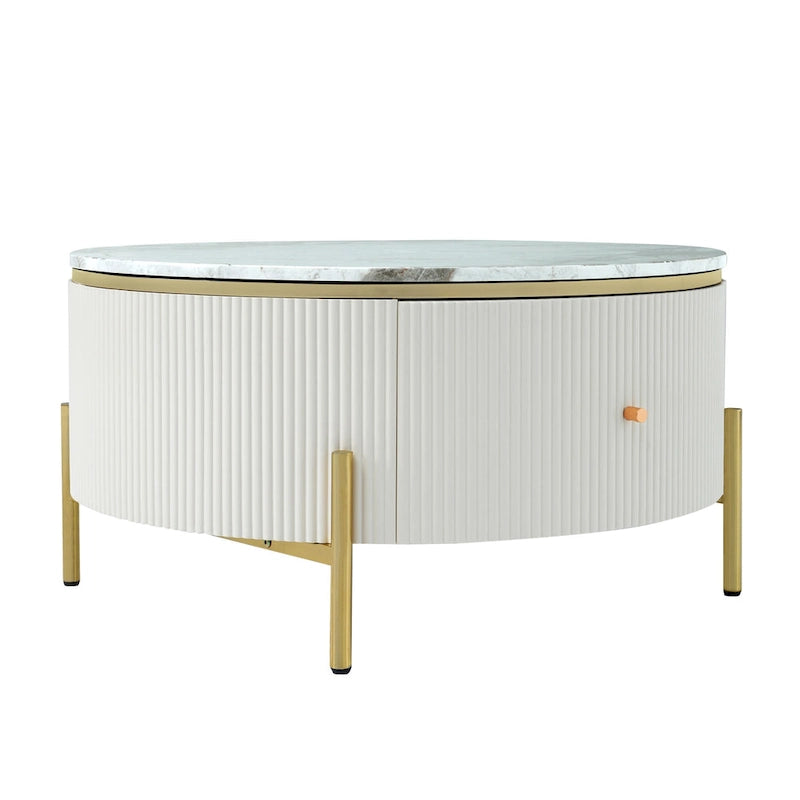 Table basse ronde style moderne avec 2 tiroirs, blanc cassé/noir
