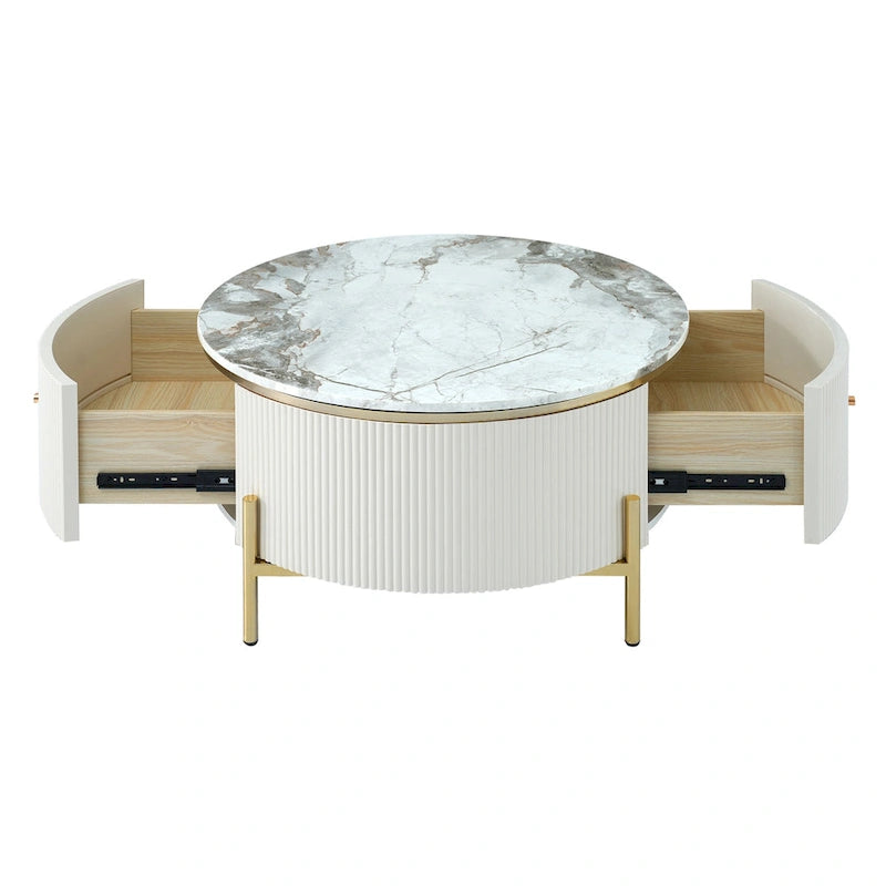 Table basse ronde style moderne avec 2 tiroirs, blanc cassé/noir