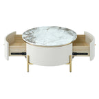 Table basse ronde style moderne avec 2 tiroirs, blanc cassé/noir