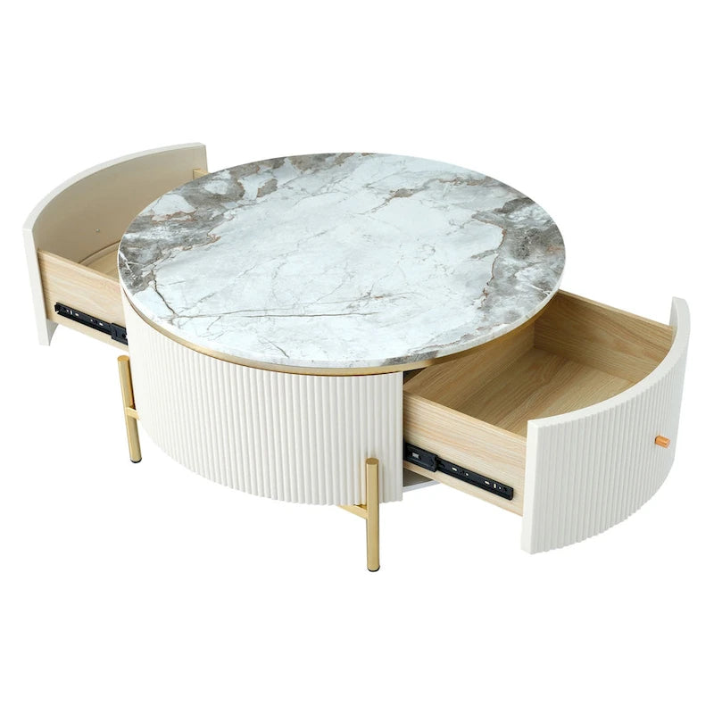Table basse ronde style moderne avec 2 tiroirs, blanc cassé/noir