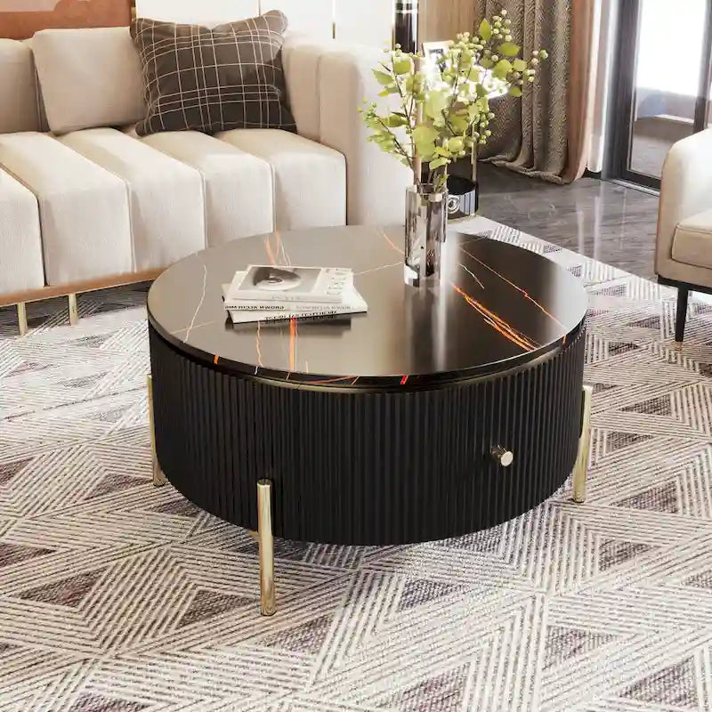 Table basse ronde style moderne avec 2 tiroirs, blanc cassé/noir