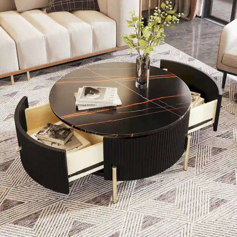Table basse ronde style moderne avec 2 tiroirs, blanc cassé/noir