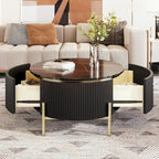 Table basse ronde style moderne avec 2 tiroirs, blanc cassé/noir