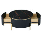 Table basse ronde style moderne avec 2 tiroirs, blanc cassé/noir