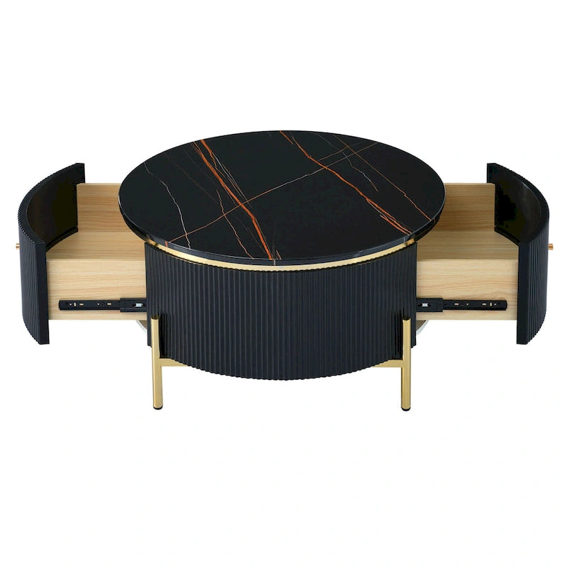 Table basse ronde style moderne avec 2 tiroirs, blanc cassé/noir